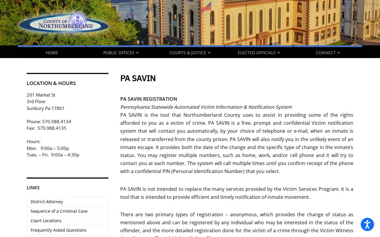 Northumberland County PA SAVIN release and transfer notification information